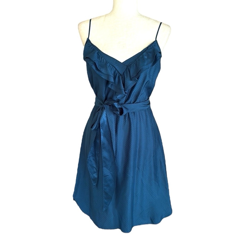 Rebecca Taylor Silk Teal Blue Mini Polka Dot Ruffle Bow Tie Waist Mini Dress - 4